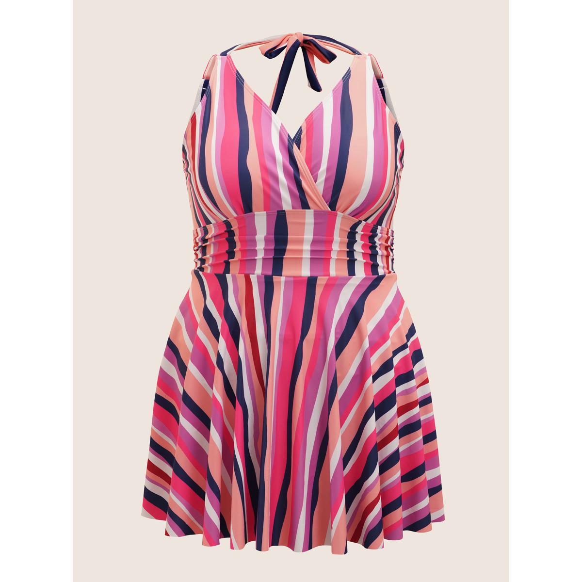 Plus Size Overlap Collar Striped Tie Knot Swim Dress Women's Swimwear Multicolor Beach Bodycon Overlap Collar High stretch Curve Swim Dresses BloomChic 26/4X Product Image