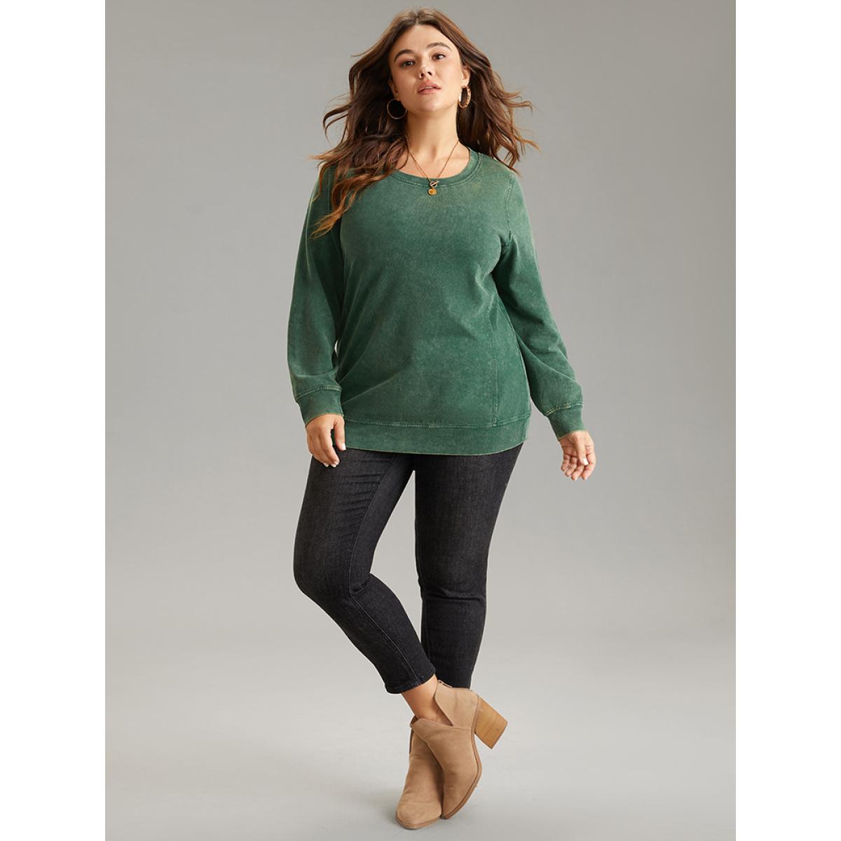 Plus Size Solid Vintage Round Neck Sweatshirt Women Cyan Casual Plain Round Neck Dailywear Sweatshirts BloomChic 14-16/1X Product Image