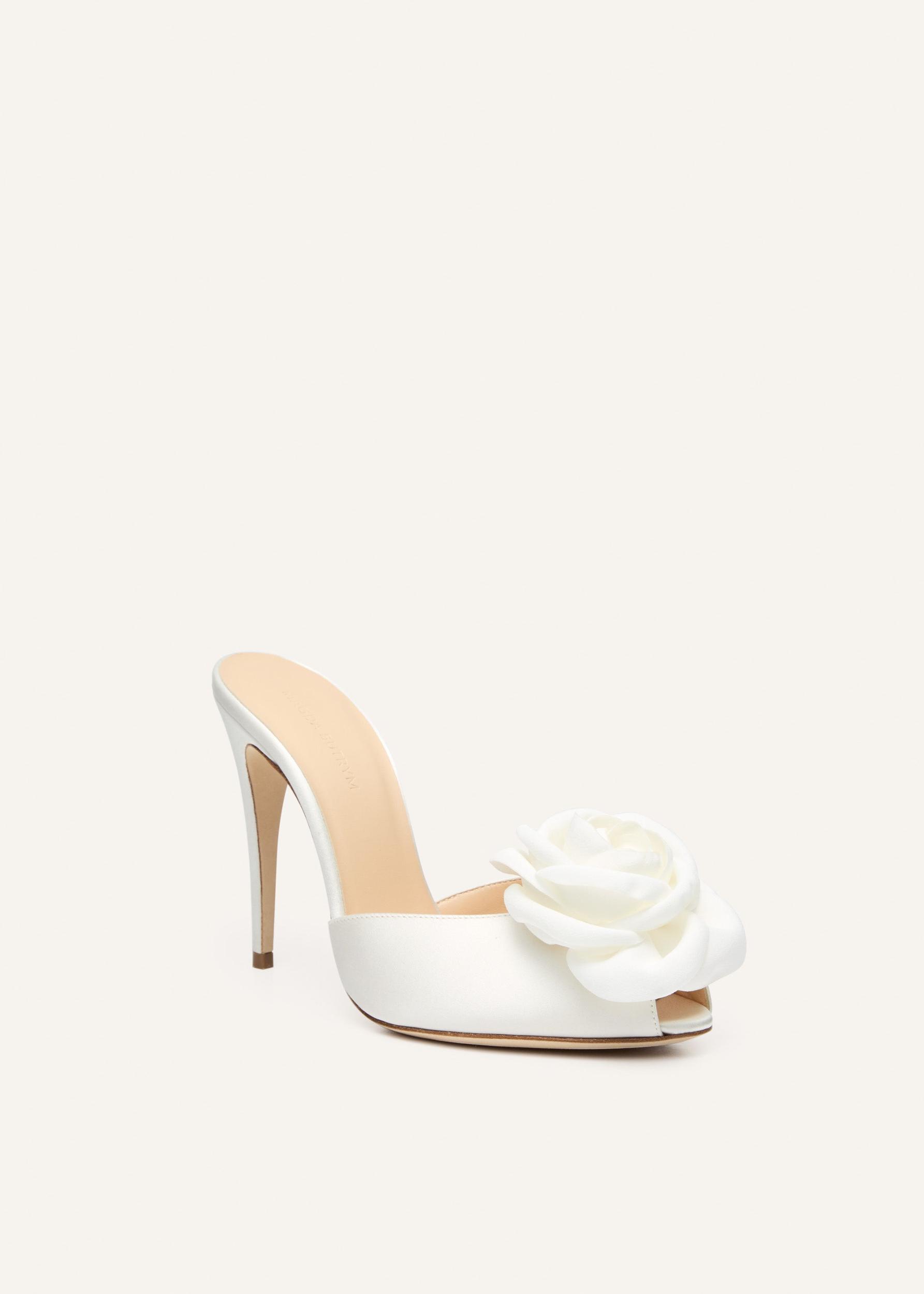 Flower peep toe mules in white satin Product Image