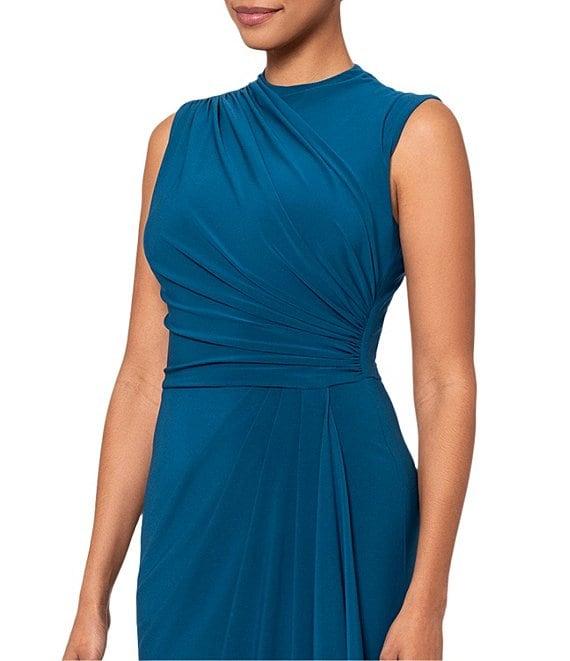Betsy & Adam Ruched Mock Neck Sleeveless Gathered Pleat Gown Product Image