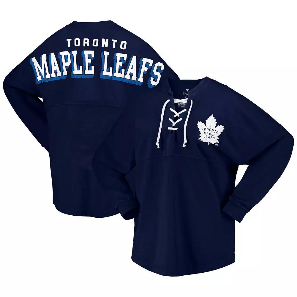 Women's Fanatics Branded Navy Toronto Maple Leafs Spirit Lace-Up V-Neck Long Sleeve Jersey T-Shirt,  Product Image