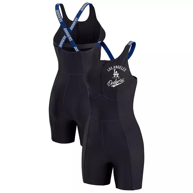 Women's WEAR by Erin Andrews  Black Los Angeles Dodgers Bodycon Quarter-Zip Romper, Size: XS Product Image
