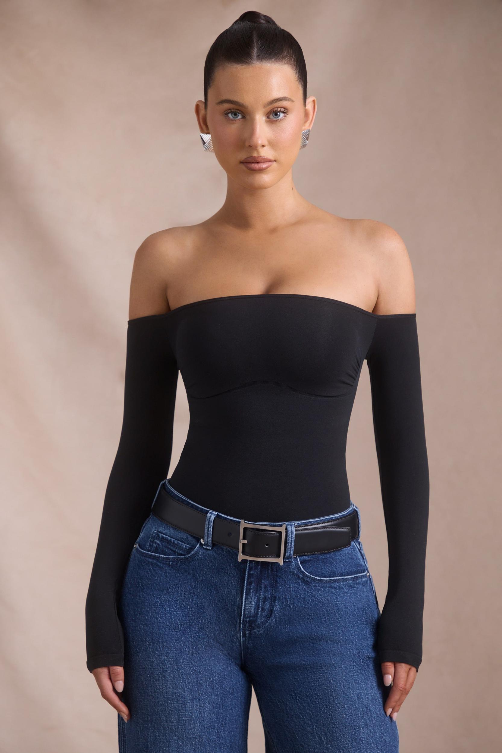Seamless Off-Shoulder Long-Sleeve Bodysuit in Black Female Product Image
