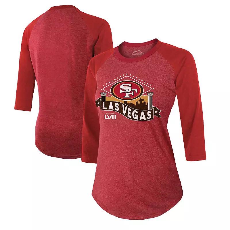 Women's Majestic Threads  Scarlet San Francisco 49ers Super Bowl LVIII Vegas Raglan 3/4-Sleeve Tri-Blend T-Shirt, Size: Large, Red Product Image