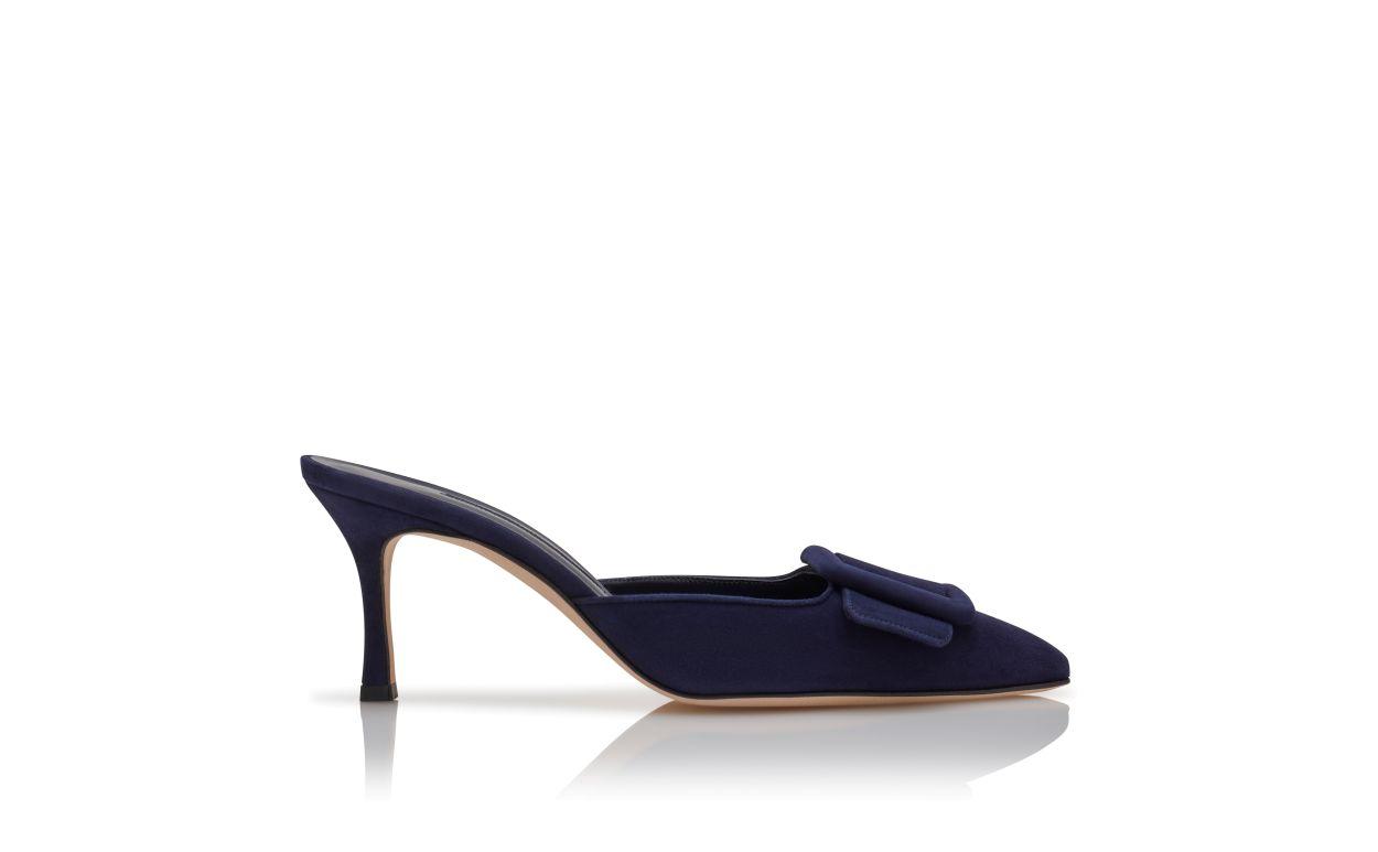 MAYSALE 70 Navy Blue Suede Buckle Detail Mules Product Image