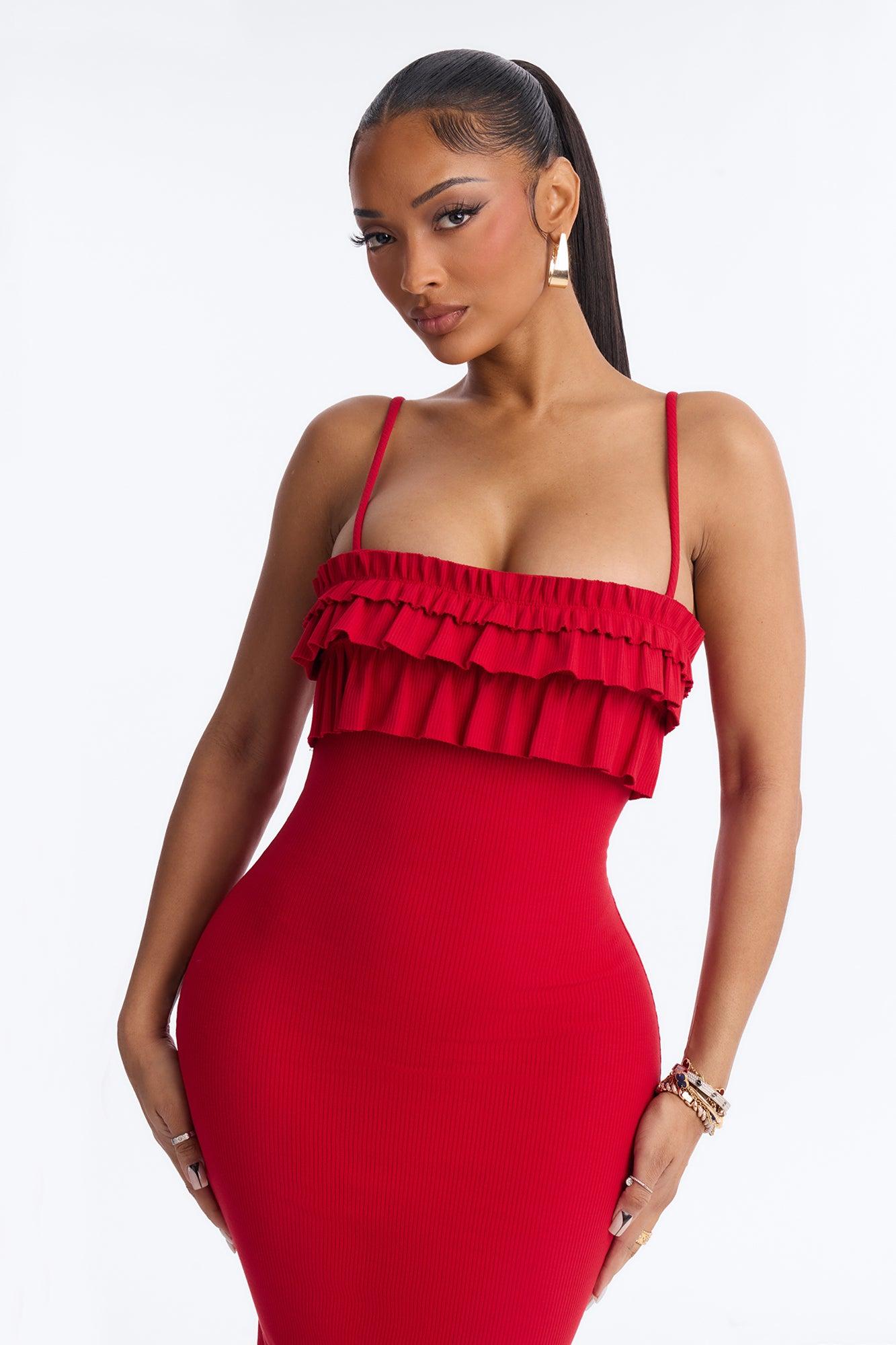 Paloma Ruffle Ribbed Midi Dress - Red Female Product Image
