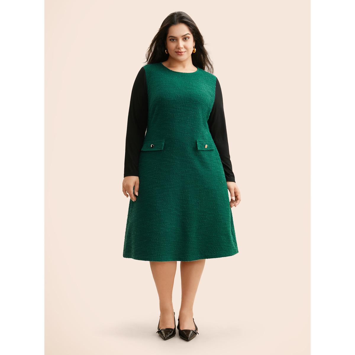 Plus Size Textured Patchwork Flap Detail Dress DarkGreen Women Elegant Texture Round Neck Long Sleeve Curvy BloomChic 28/5X Product Image