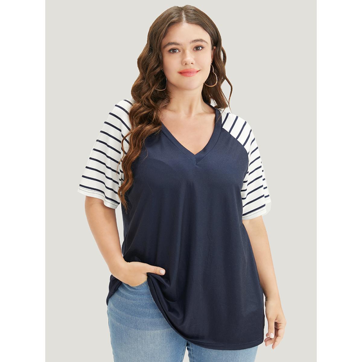 Plus Size Striped Contrast Raglan Sleeve V Neck T-shirt Midnight Women Casual Patchwork Striped V-neck Dailywear T-shirts BloomChic 28/5X Product Image