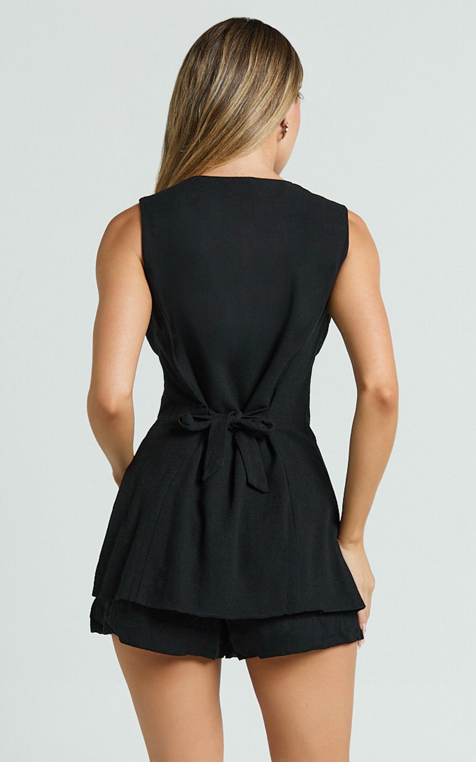 Olivia Top - Longline Linen V Neck Back Tie Vest Top in Black Product Image