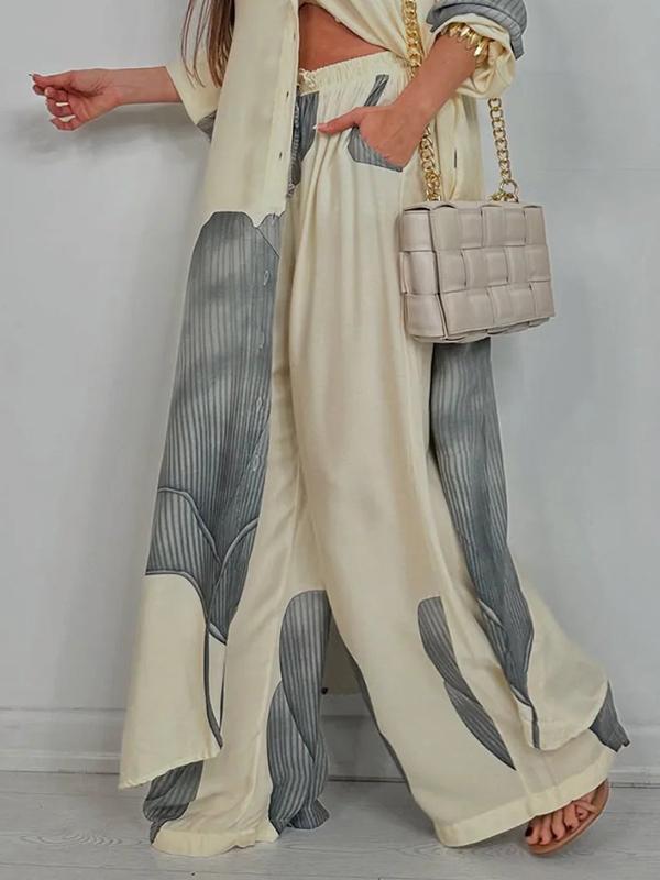 High Waisted Wide Leg Drawstring Elasticity Floral Printed Split-Joint Pants Trousers Product Image