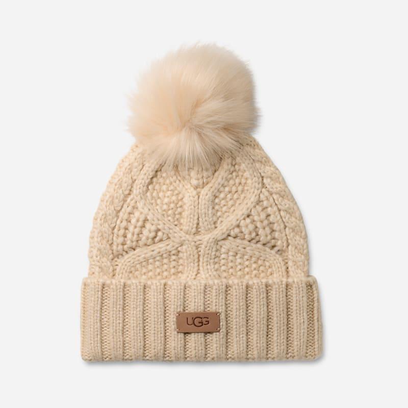 UGG Womens Cable Beanie With Pom Knit/Faux Fur Product Image