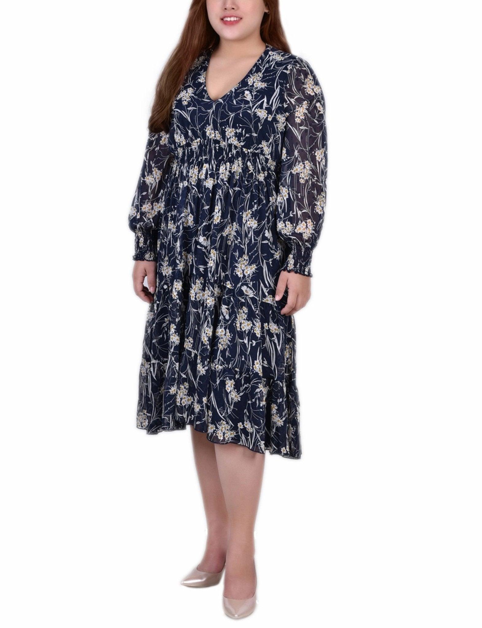 Navy Floral Long Sleeve Clip Dot Chiffon Dress With Smocked Waist and Cuffs - Plus Product Image