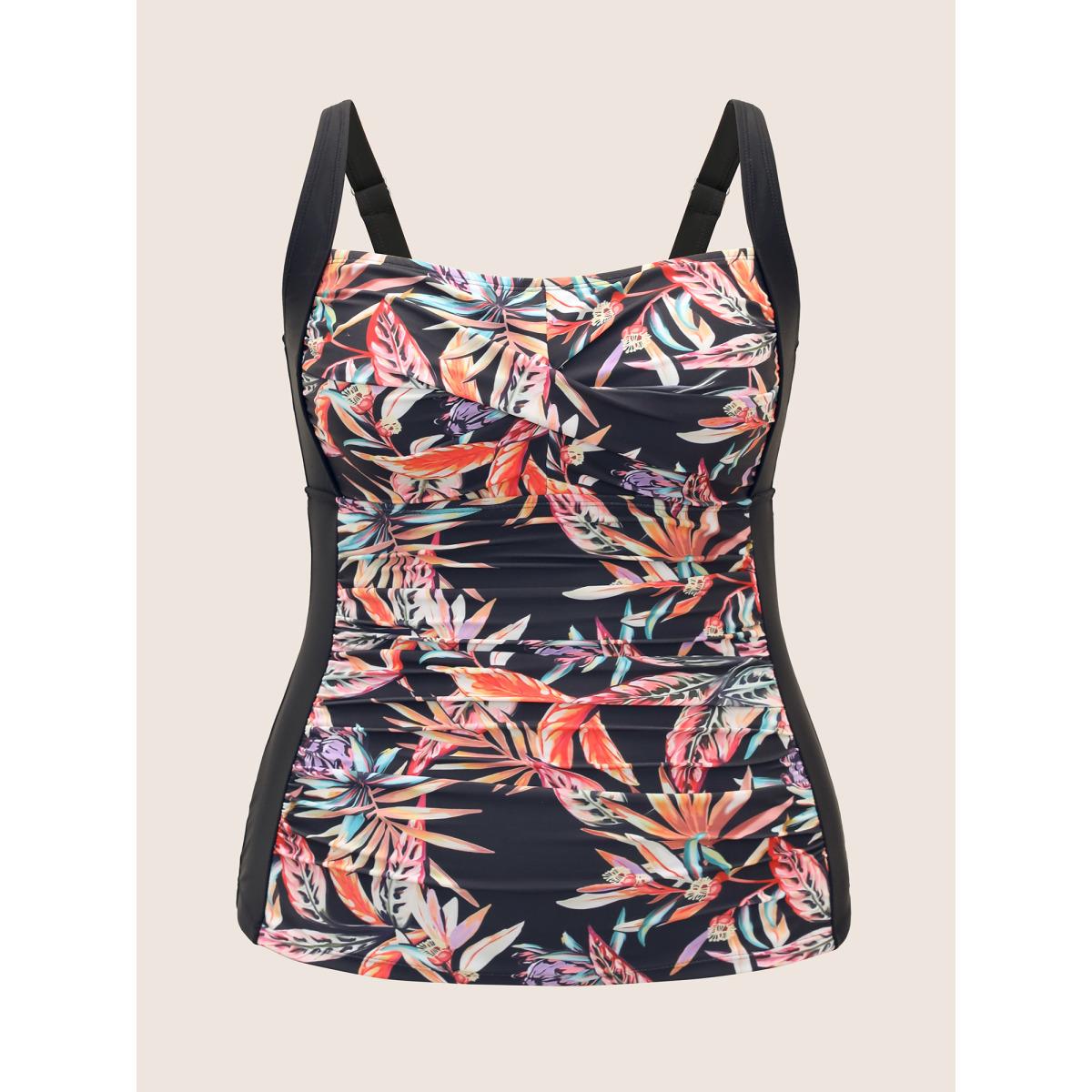 Plus Size Tropical Print Patchwork Crossover Gathered Swim Top Women's Swimwear Multicolor Beach Twist High stretch Skinny Square Neck Curve Swim Tops BloomChic 10/M Product Image
