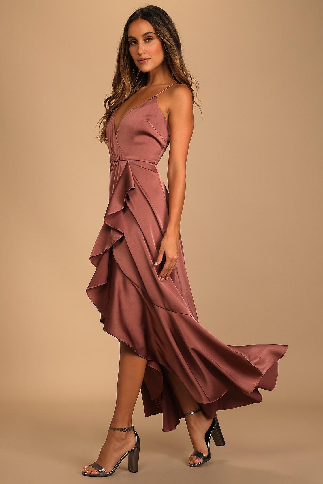 Enchanted Moments Mauve Pink Satin Ruffled High-Low Dress Product Image