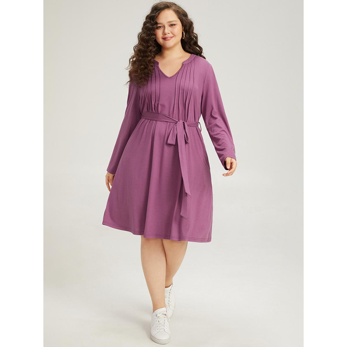 Plus Size Solid Notched Pocket Pleated Belted Dress Purple Women Casual Plain Notched collar Long Sleeve Curvy Midi Dress BloomChic 22-24/3X Product Image