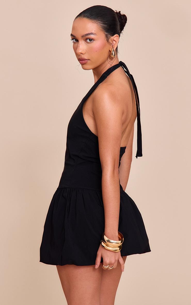 Black Stretch Woven Plunge Puffball Dress Product Image