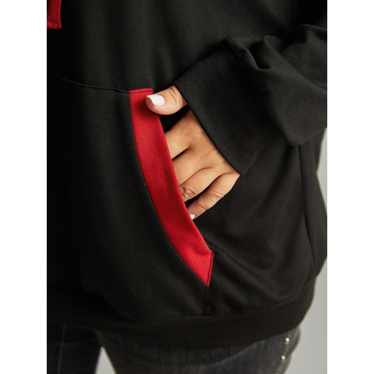 Plus Size Halloween Hooded Drawstring Contrast Pocket Sweatshirt Women Black Casual Contrast Hooded Festival-Halloween Sweatshirts BloomChic 18-20/2X Product Image