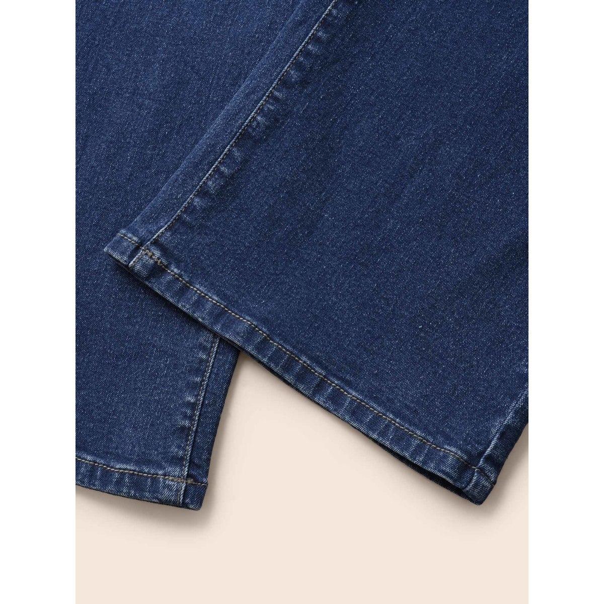 Plus Size Dark Wash Slanted Pocket Straight Leg Jeans Women Denimblue Casual Button Medium stretch Slanted pocket Jeans BloomChic 30/6X Product Image