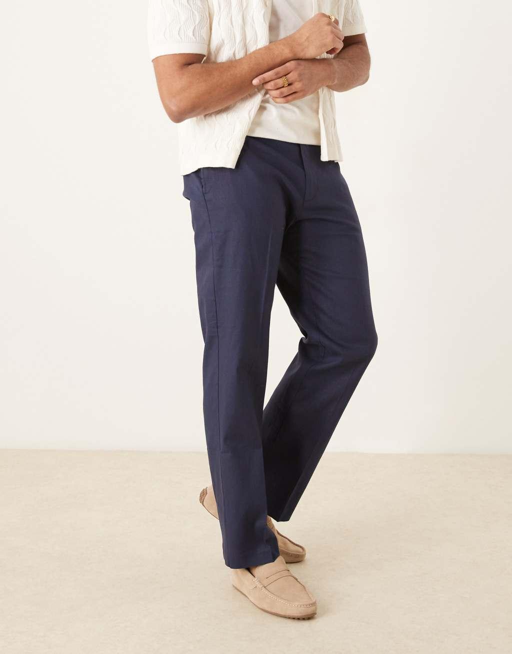 ASOS DESIGN smart straight leg linen blend pants in navy Product Image
