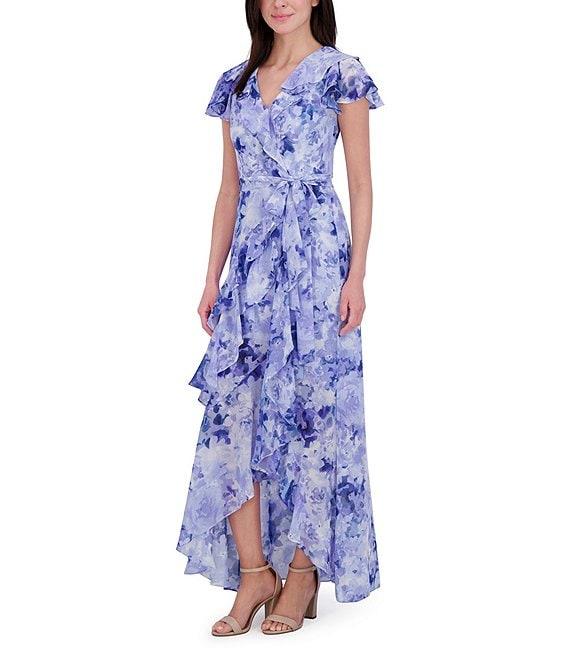 Eliza J Chiffon Floral Print V Neck Short Sleeve Ruffle Waist Tie A-Line Maxi Dress Product Image