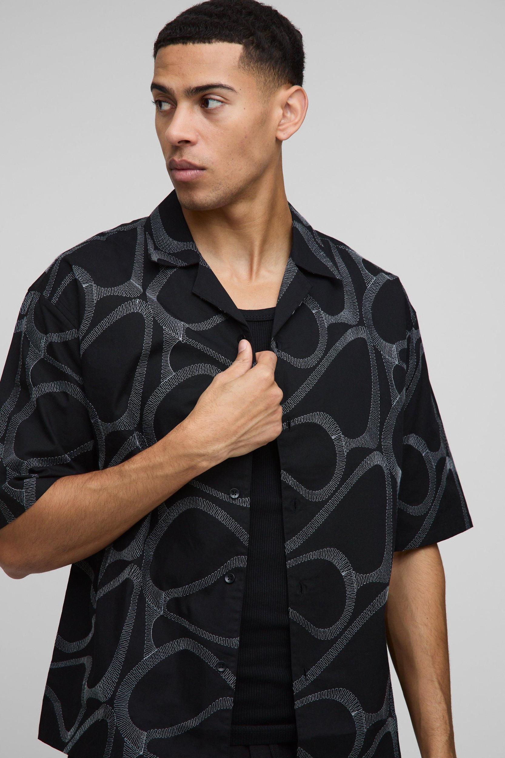 Oversized Half Sleeve Embroidered Shirt | boohooMAN USA Product Image