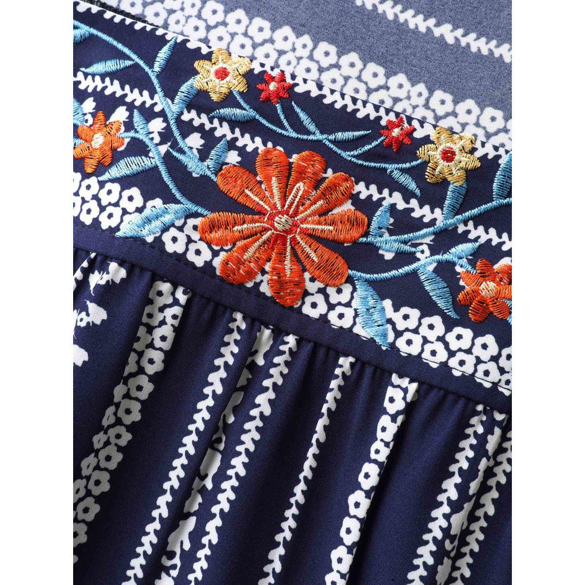 Plus Size DarkBlue Embroidered Striped Print Square Neck Blouse Women Short sleeve Square Neck Everyday-Elegant Blouses BloomChic 26/4X Product Image