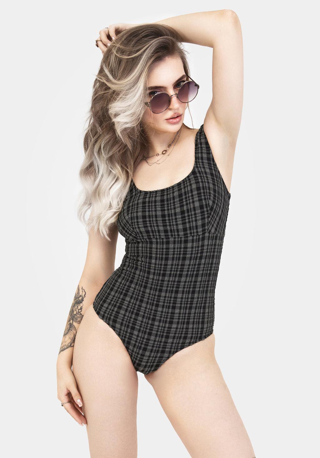 Slate Textured Check Square Neck Swimsuit Product Image