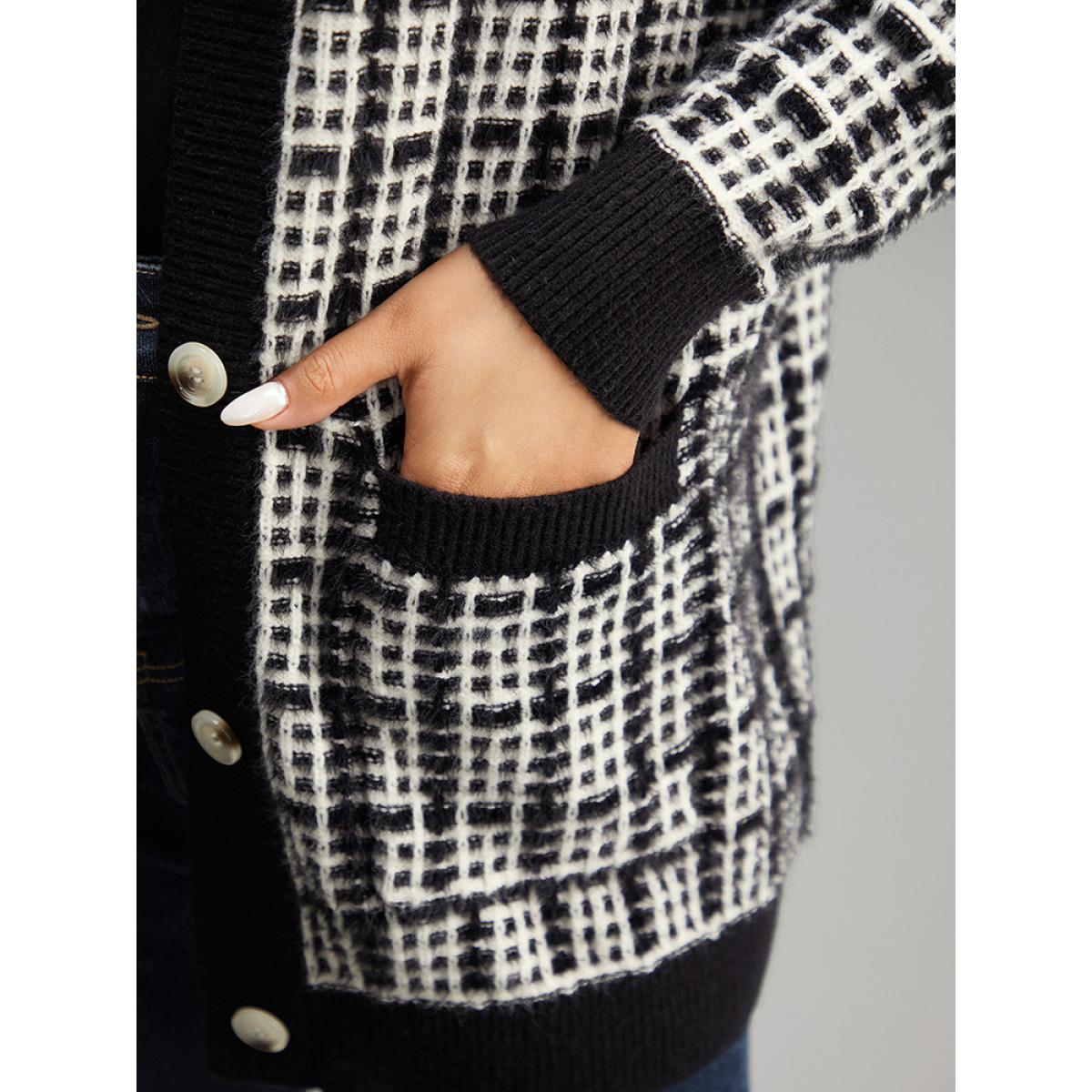 Plus Size Plaid Button Down Patched Pocket Cardigan Black Women Casual Loose Long Sleeve Dailywear Cardigans BloomChic 12/L Product Image