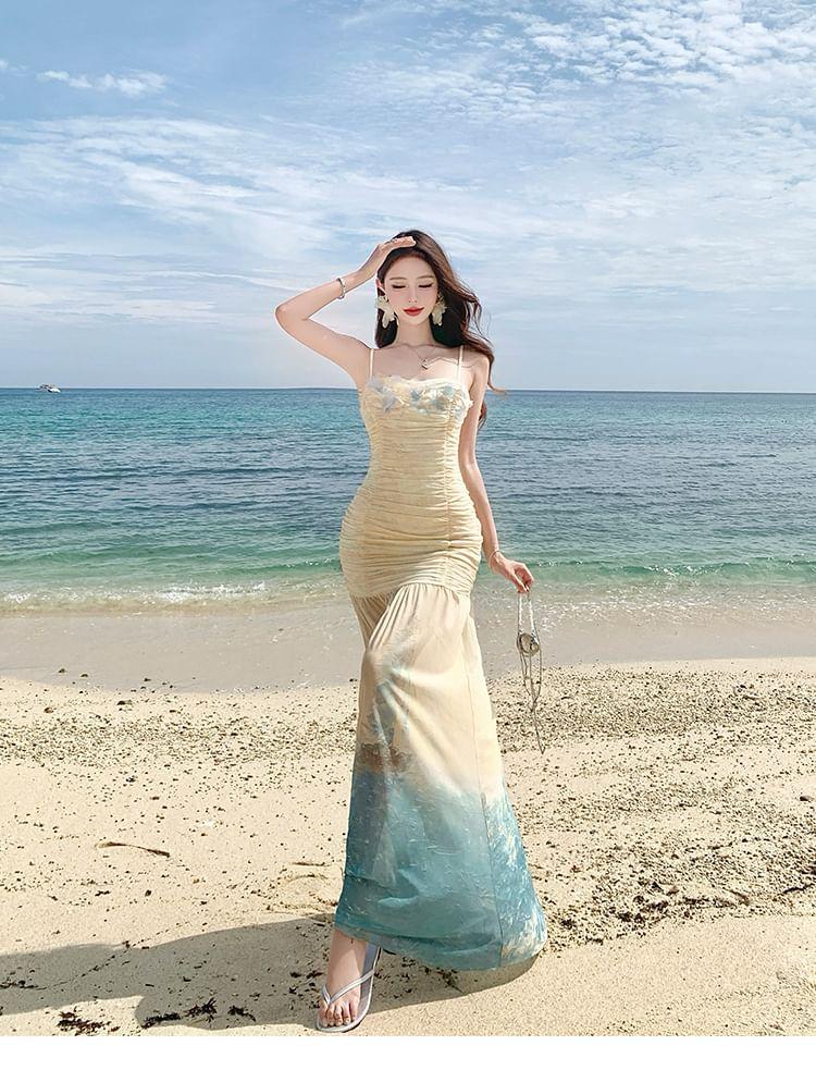 Spaghetti Strap Sea Print Floral Shirred Midi Mermaid Dress Product Image