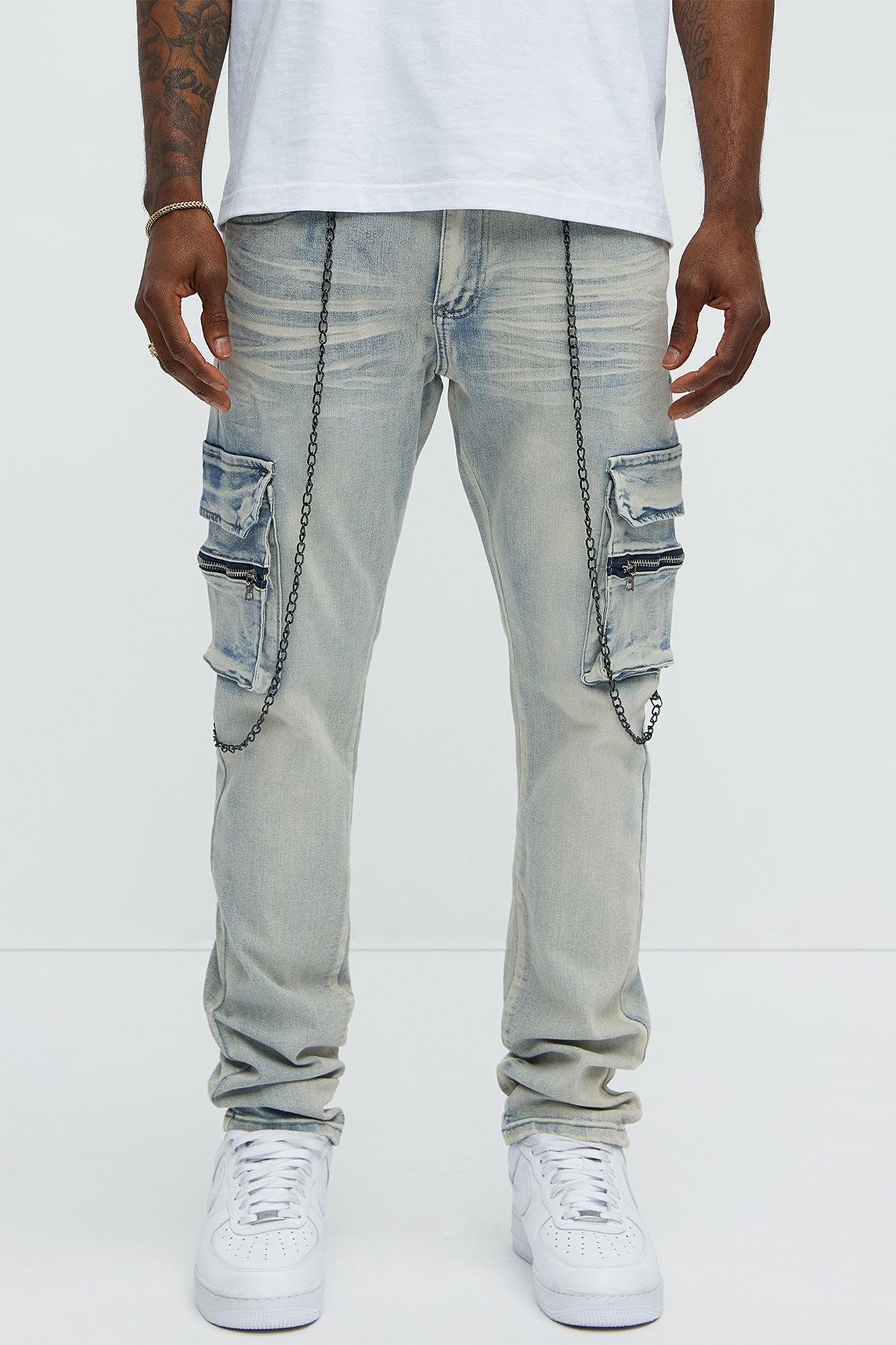 Down To It Cargo With Chain Stacked Skinny Jeans - Light Wash Product Image