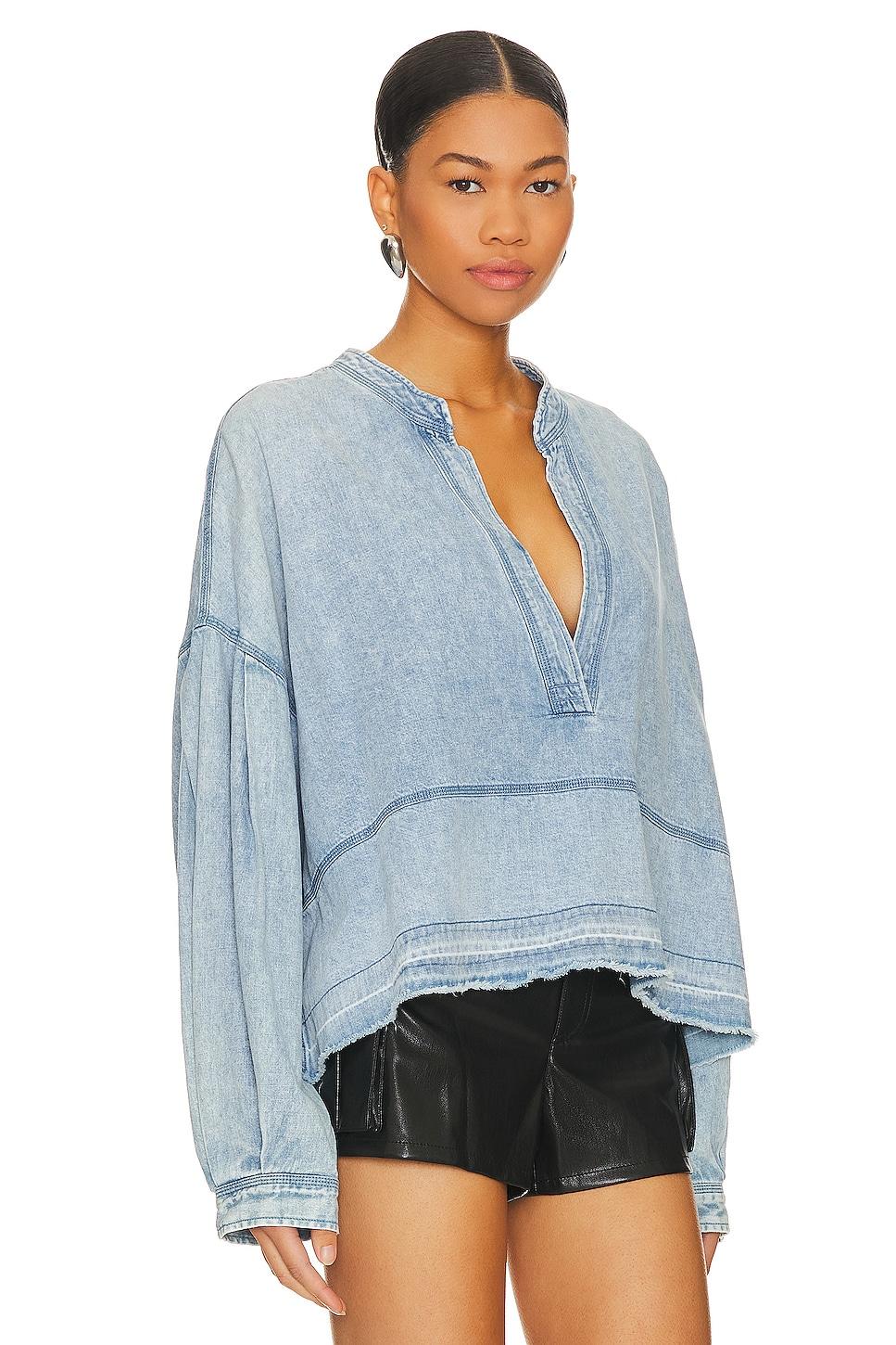 Free People Jude Denim V-Neck Long Puff Sleeve Pullover Product Image