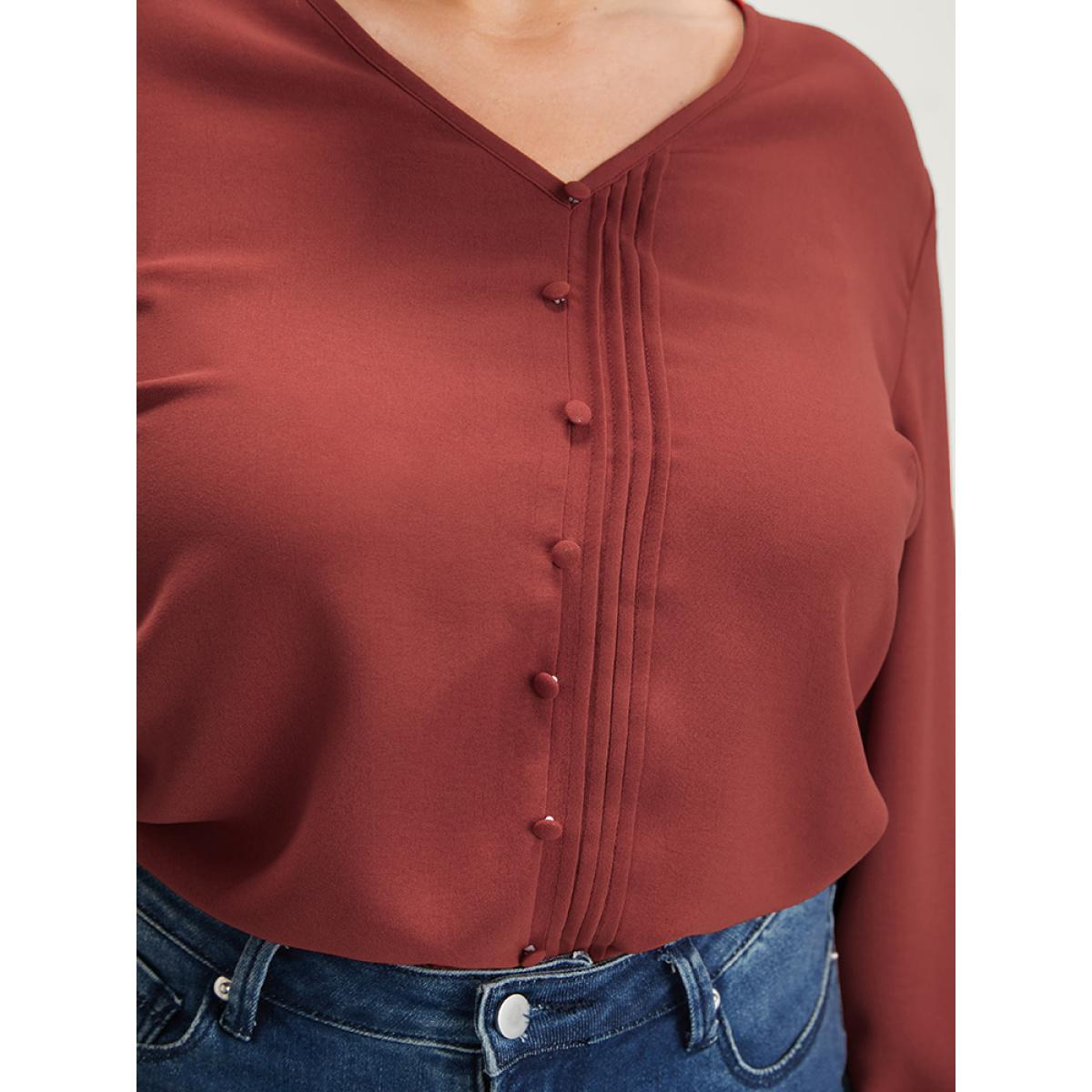 Plus Size Russet Solid Pleated Lantern Sleeve Btton Front Blouse Women Office Long Sleeve V-neck Work Blouses BloomChic 12/L Product Image