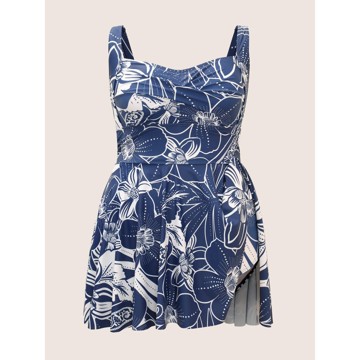 Plus Size Natural Flowers Heart Neckline Twist Swim Dress Women's Swimwear Indigo Beach Bodycon Heart neckline High stretch Curve Swim Dresses BloomChic 18-20/2X Product Image
