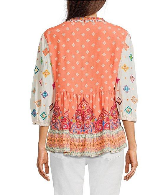 John Mark Embroidered Mix Printed Split V-Neck 3/4 Bubble Sleeve Tunic Product Image