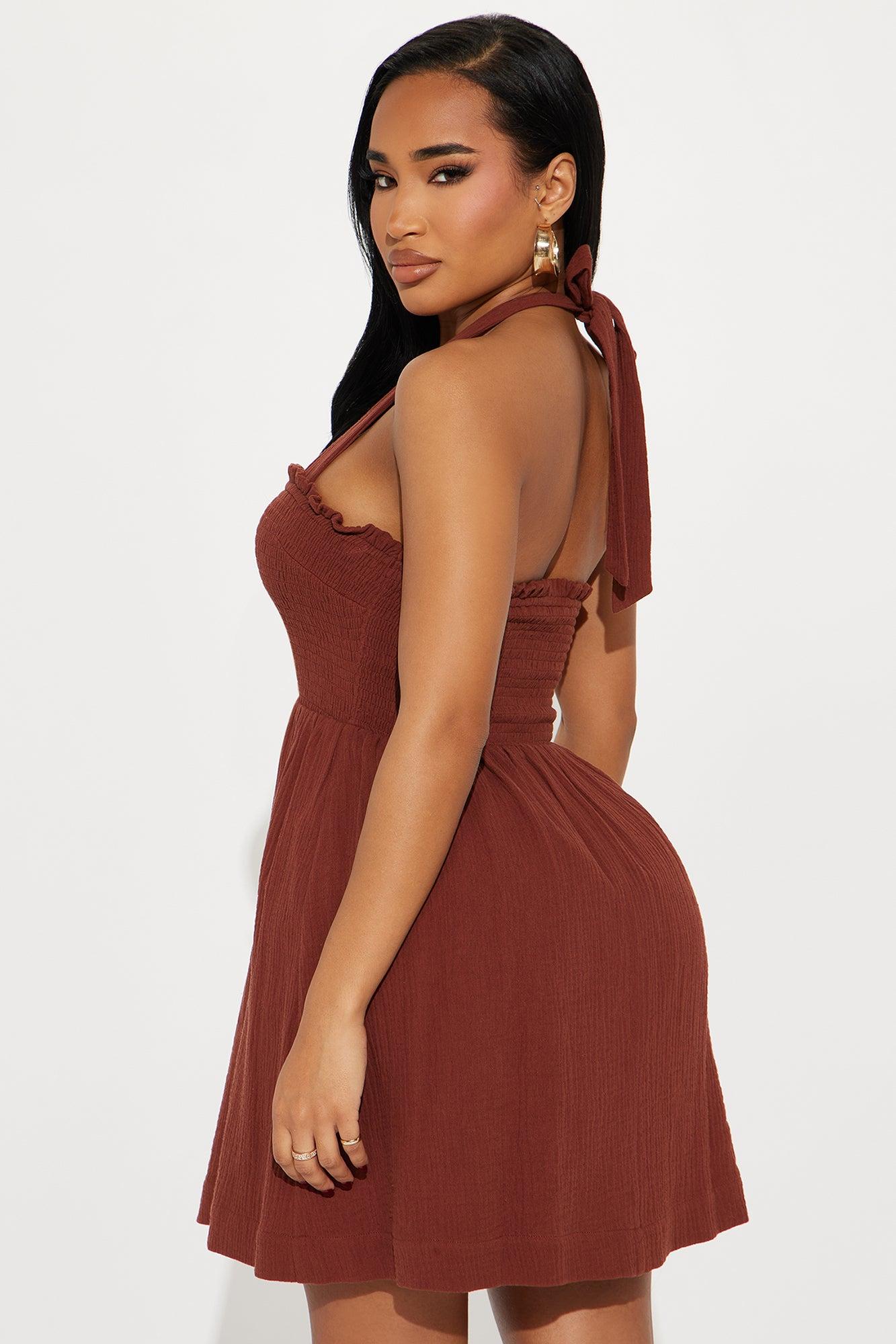 Mindy Smocked Mini Dress - Brown Product Image