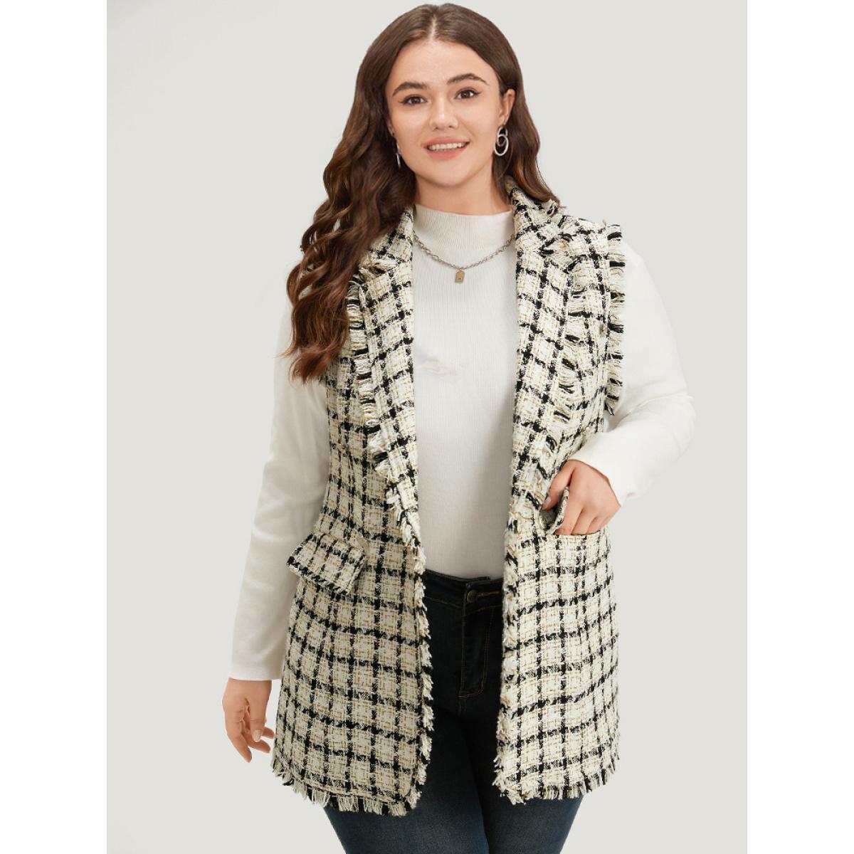 Plus Size Plaid Sleeveless Flap Pocket Button Up Blazer White Women Work Plaid Contrast Sleeve Long Sleeve Suit Collar 18-20/2X Pocket Casual Blazers BloomChic Product Image