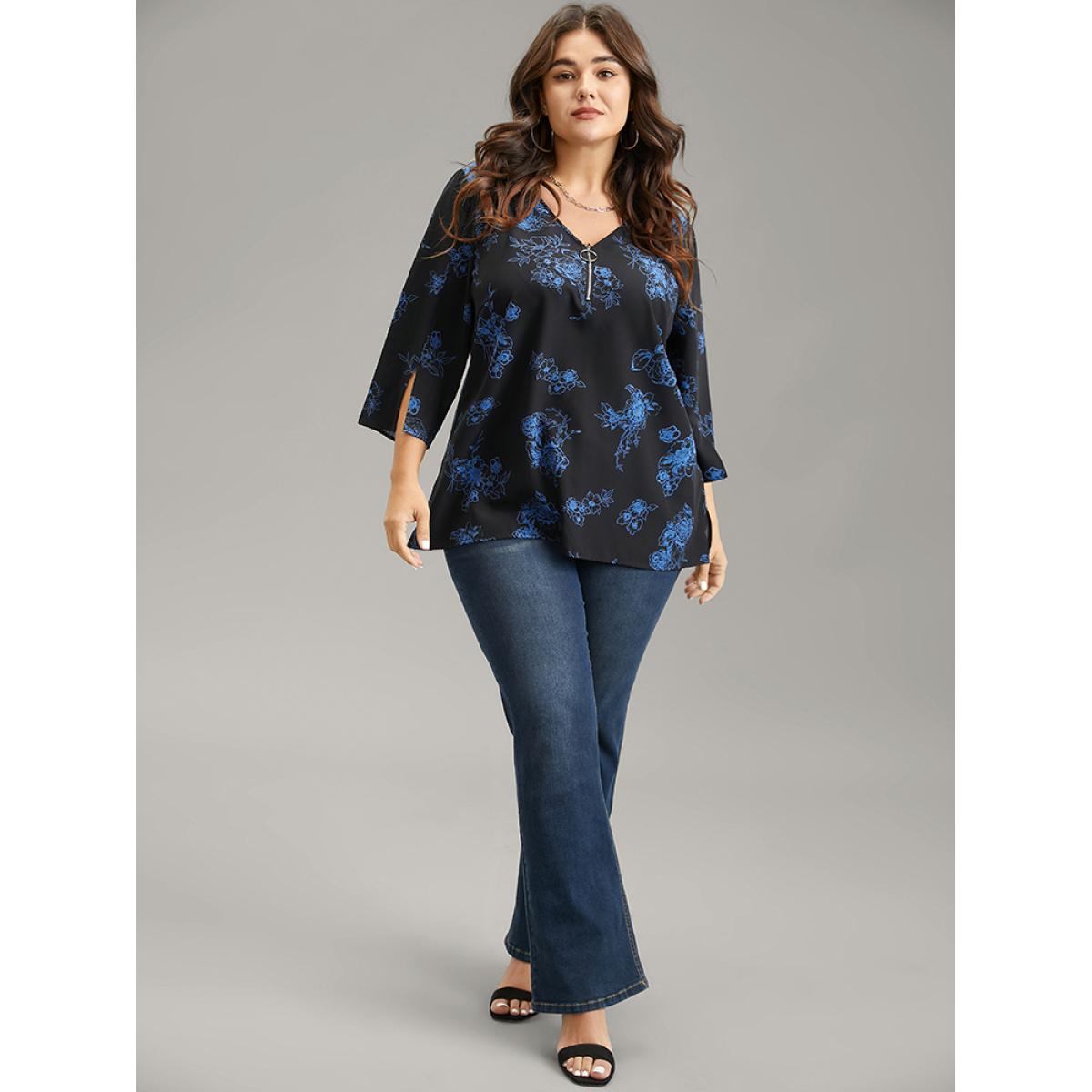 Plus Size Black Silhouette Floral Print Half Zip Split Sleeve Blouse Women Elegant Elbow-length sleeve V-neck Office Blouses BloomChic 14-16/1X Product Image