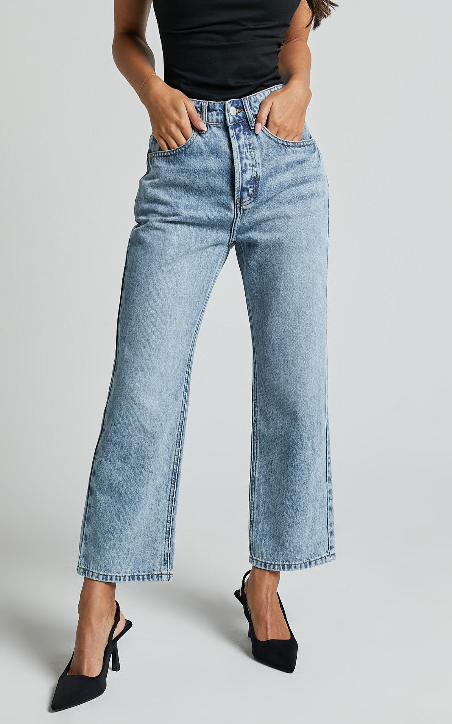 Wilkins Jeans - High Waisted Straight Leg Cropped Hem Jeans in Mid Blue Wash Product Image