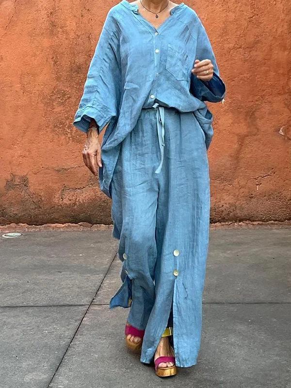 Loose Wide Leg Drawstring Solid Color Split-Front Split-Joint Pants Trousers Product Image