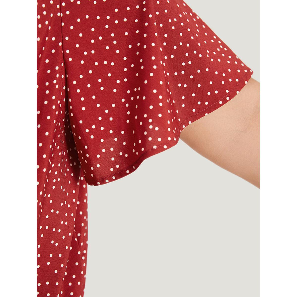 Plus Size Polka Dot Elastic Waist Plicated Detail Ruffle Sleeve Bodysuit Women Red Polka Dot Pleated Bodysuits BloomChic 30/6X Product Image