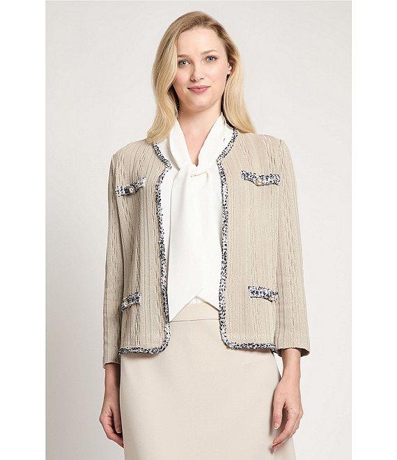 Ming Wang Knit V-Neck Bracelet Sleeve Eyelash Trim Jacket Product Image