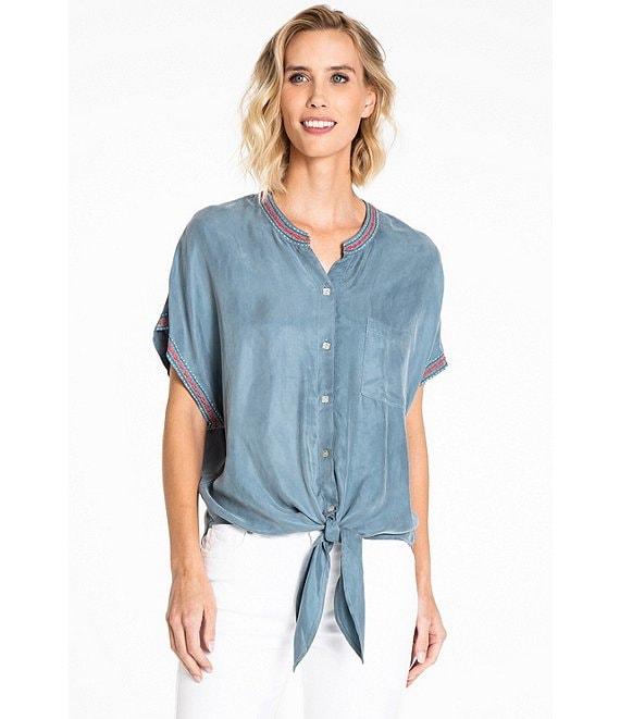 John Mark Button Up Tie Front Short Kimono Sleeve Split Round Neck Embroidered Blouse Product Image