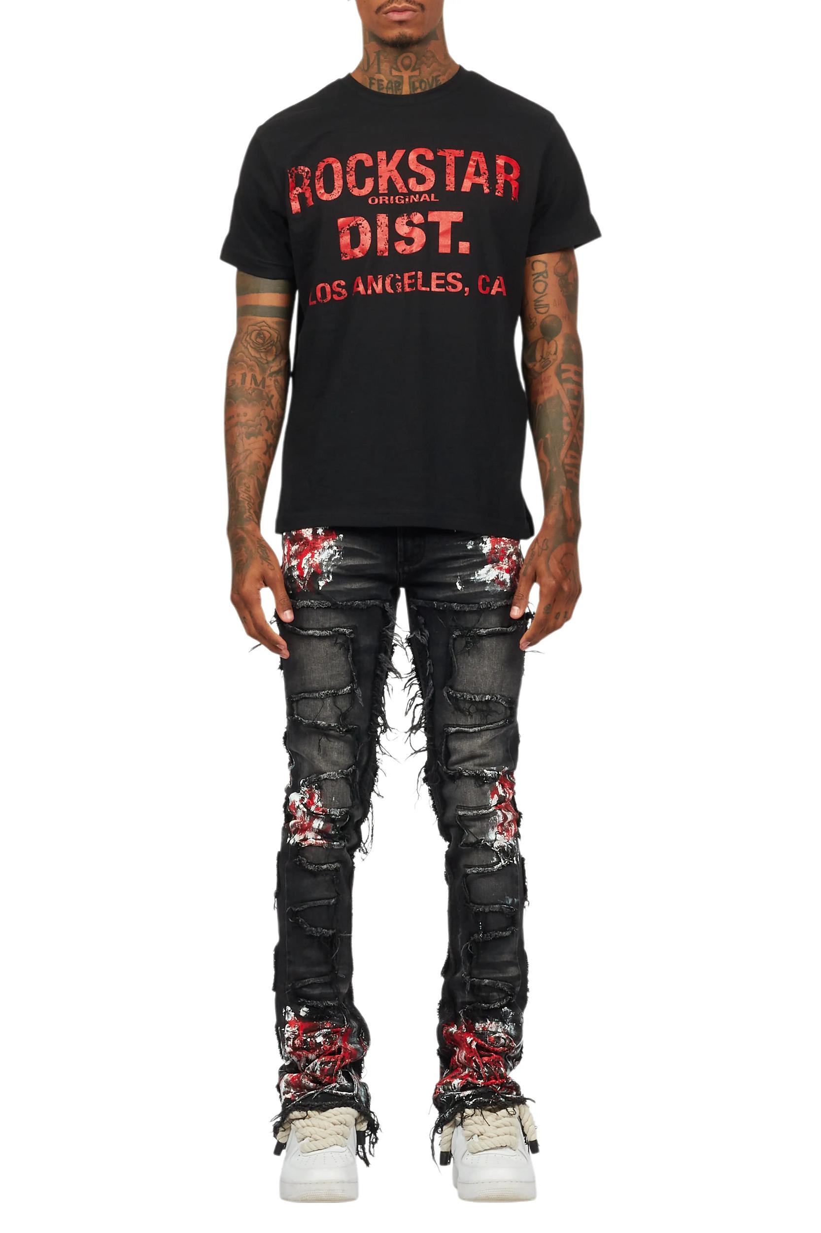 Saxon Dark Grey/Red T-Shirt/Stacked Flare Jean Set Male Product Image