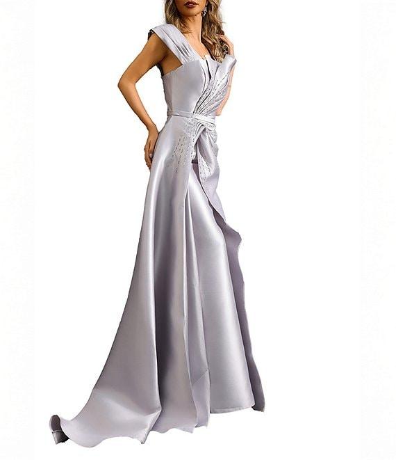 Terani Couture Off-The-Shoulder Ruched Bodice With Beading Mikado Mermaid Gown Product Image