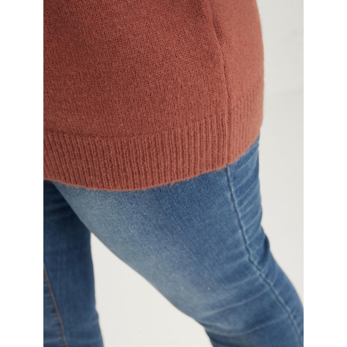 Plus Size Solid Super Soft Knit Lapel Collar Fluffy Knit Top Russet Women Casual Loose Long Sleeve Lapel Collar Dailywear Pullovers BloomChic 26/4X Product Image