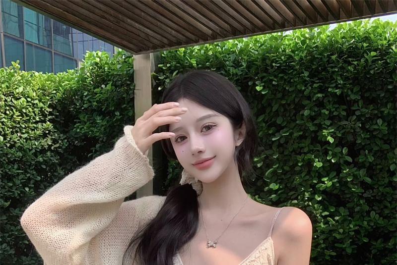 V-Neck Spaghetti Strap Floral Print Ruffle Trim Midi A-Line Dress / Plain Light Cardigan Product Image