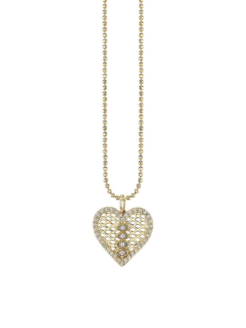 Womens 14K Yellow Gold & 0.39 TCW Diamond Fishnet Heart Pendant Necklace Product Image