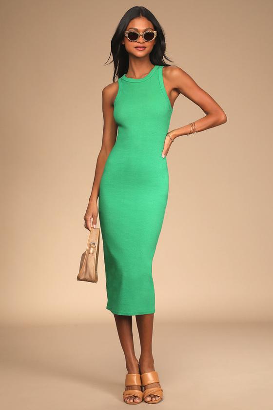 Majorly Trendy Green Ribbed Bodycon Midi Dress Product Image