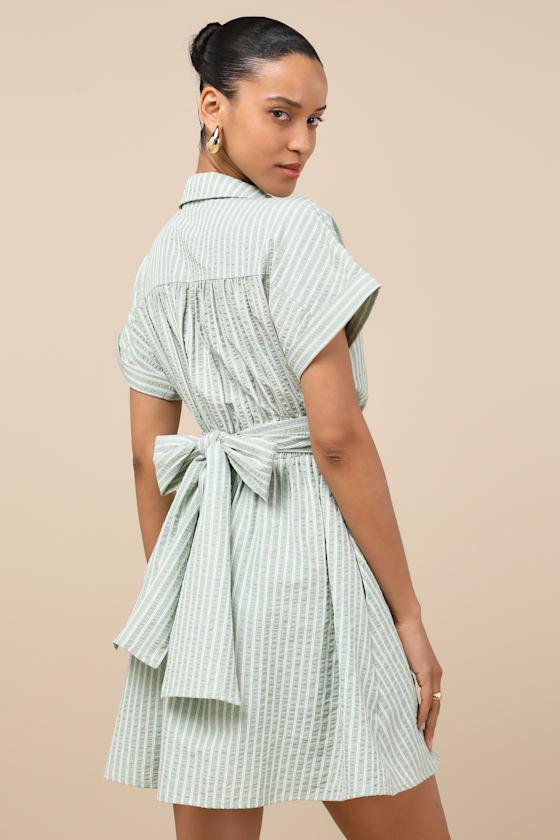 Breeze By Green Striped Tie-Back Mini Dress With Pockets Product Image