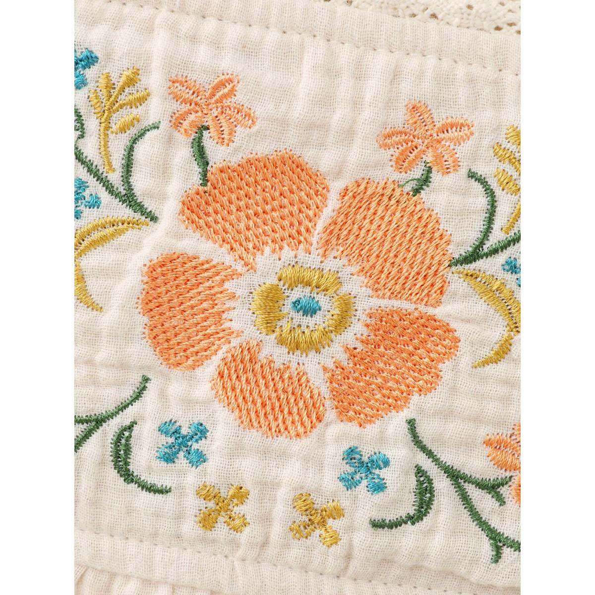 Plus Size Beige Floral Embroidery Square Neck Blouse Women Leisure Long Sleeve Square Neck Casual Blouses BloomChic 18-20/2X Product Image